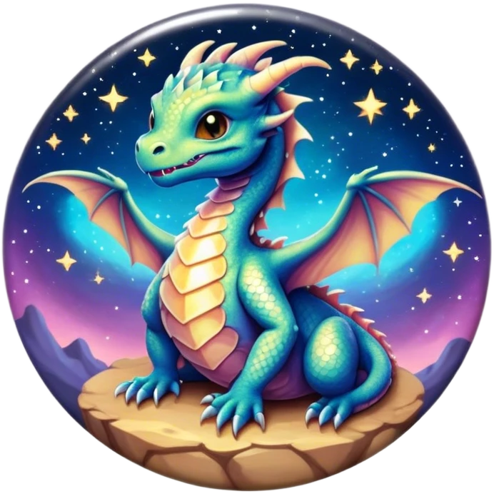 A round bezeled button with an Airbrush painted image of a dragon hatchling under a deep galactic sky with pearlescent scales and wings spread against the stars emoji