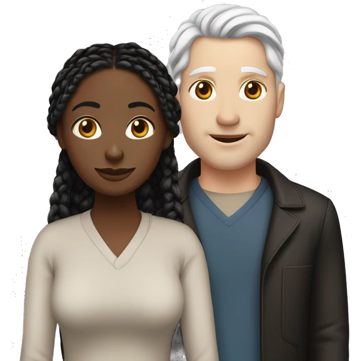Woman and man couple, in their 40's, woman is medium dark black complexion, her hair is long black twisted braids, man is white skinned white male with reddish hair that's medium length emoji