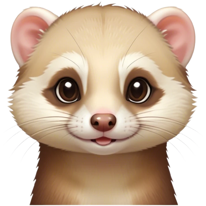 Cinematic Cute Ferret Portrait Emoji, Head tilted playfully, with an elongated, flexible body and a characteristically curious expression, featuring a short, pointed snout, bright, sparkling eyes, and soft fur in warm brown and cream tones, Simplified yet irresistibly adorable features, highly detailed, glowing with a warm, friendly glow, high shine, affectionate and lively, stylized with a touch of whimsical mischief, soft glowing outline, capturing the essence of a fun-loving and mischievous ferret that feels like it could scamper straight into your heart! emoji