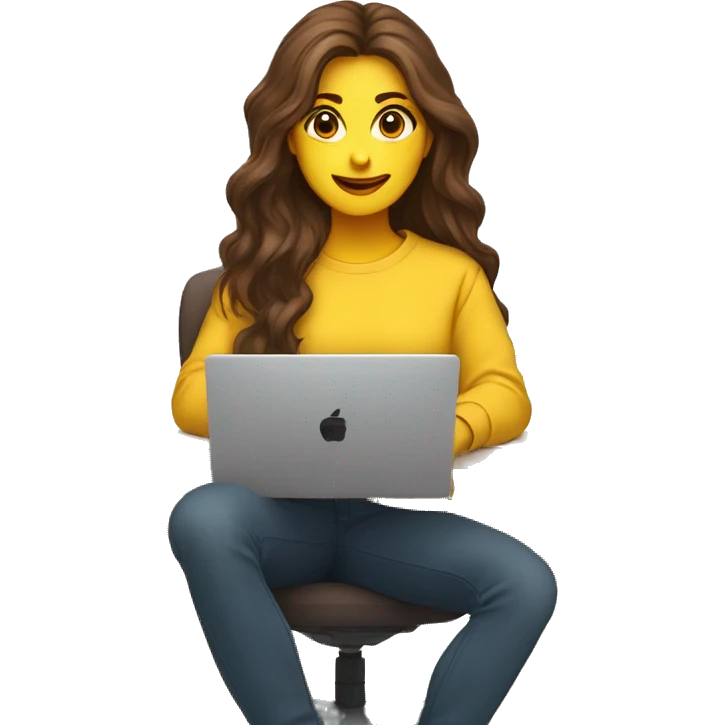 female coder with apple laptop in front of her, very long wavy brown hair, brown eyes, facing the right side while looking at the laptop, yellow sweatshirt, no glasses emoji