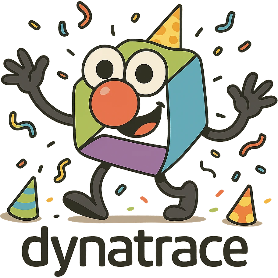 Dynatrace logo with googly eyes and a giant clown nose, surrounded by confetti and party hats emoji