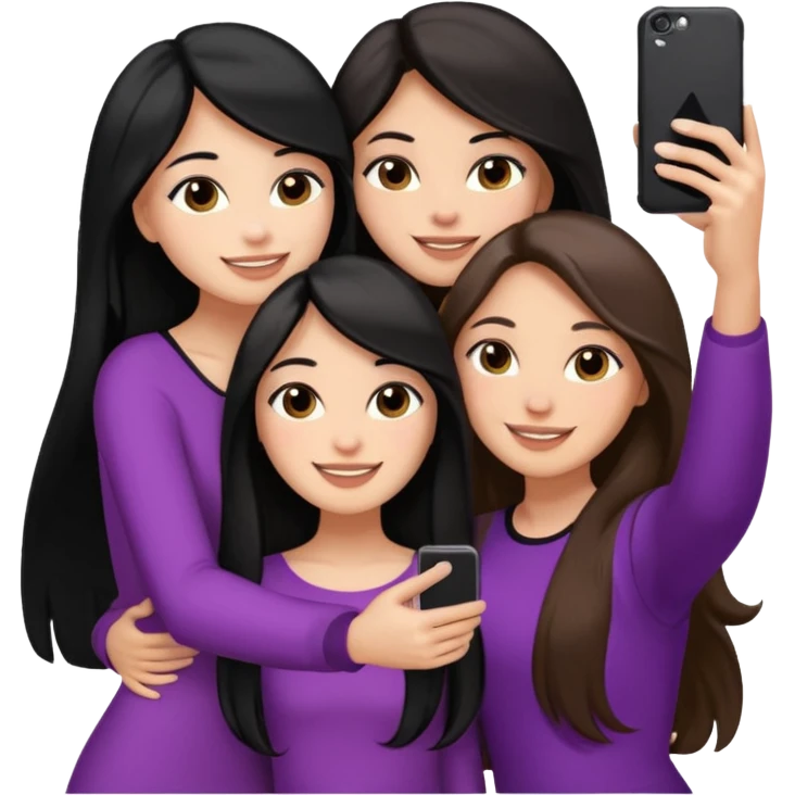 3 girl friends, one with black long hair light skin. one with brown hair long and the last girl one with black with brown medium length hair. Glammed up and hugging  and one talking a selfie and all of them smiling and looking girly all same skin tone  emoji
