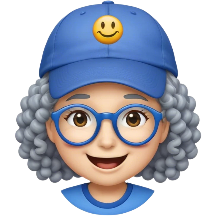 yellow female smiley face emoji, big smile, winking, wearing a blue ballcap backwards, grey curly hair, glasses, no eye color emoji