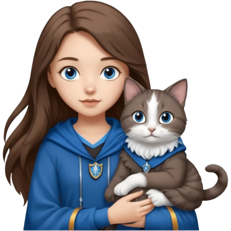 gorgeous Girl with light skin, blue eyes, long brown hair, wears a ravenclaw outfit, with a grey and white cat holding in her arms emoji