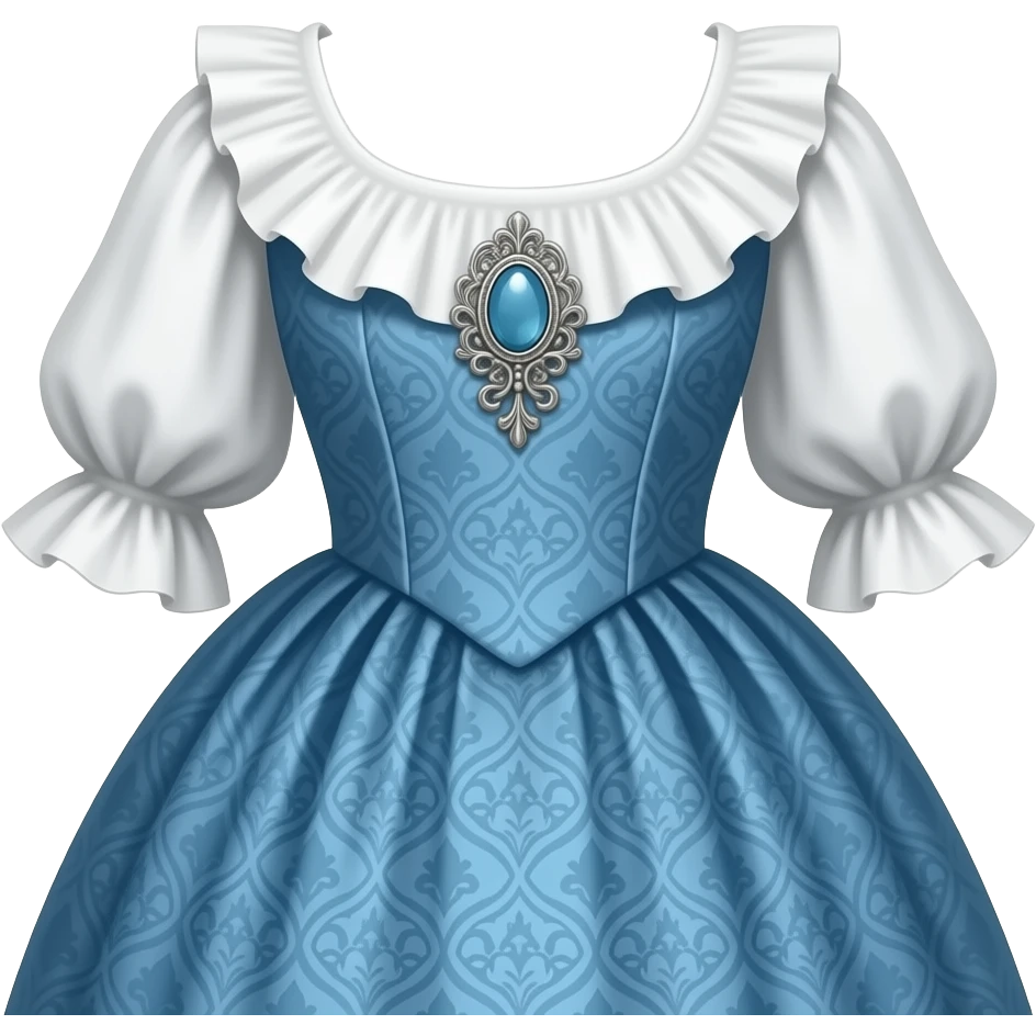 dress southern belle style colonial style white ruffled top with brooch with blue patterned skirt full dress emoji