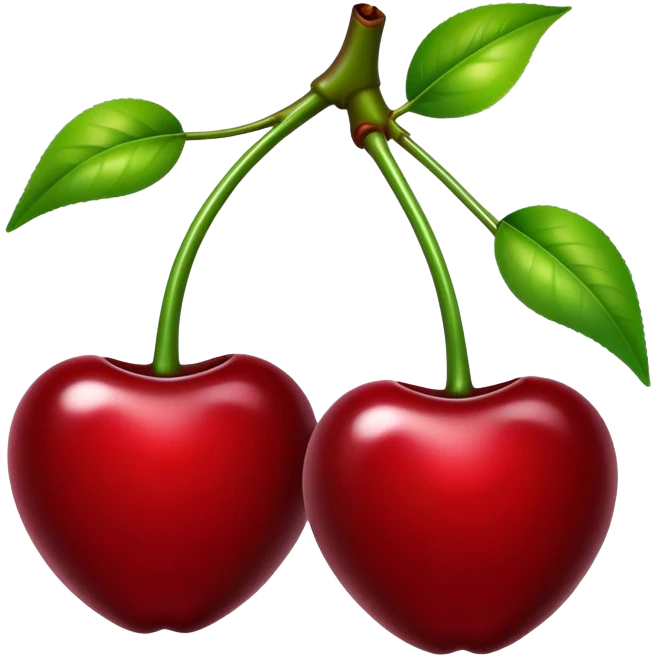 Pair of vibrant deep red cherries with green stem, fruit emoji