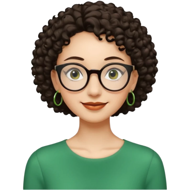 Slim, very slender woman with light skin, short dark curly hair, large brown eyes, black round glasses, big green earrings, thin arms and narrow shoulders, warm wide smile, friendly and intelligent expression. emoji