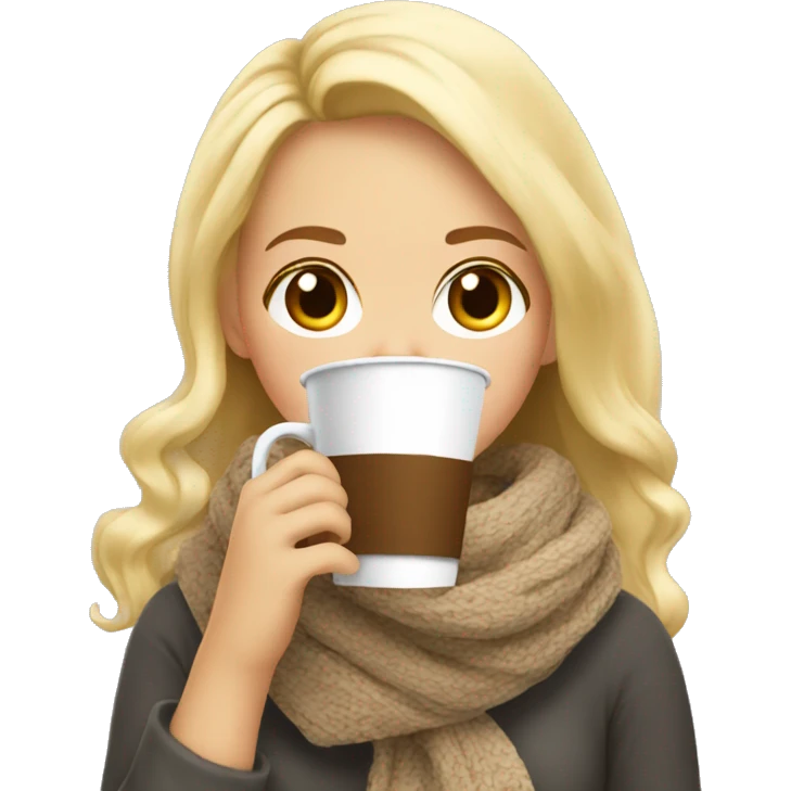 Girl cute blonde cozy in a scarf drinking coffee emoji