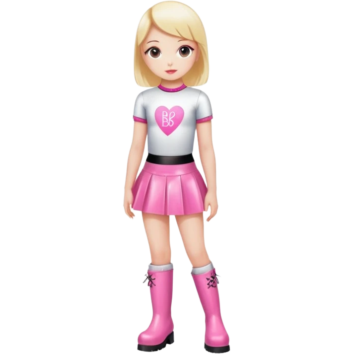 Mini latex skirt and boots and short top with pink inscription “Baby  🕳️” emoji