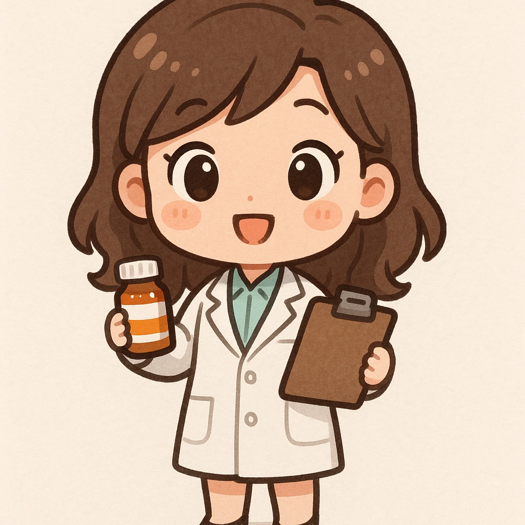 A chibi style young female pharmacist wearing a white coat, holding a clipboard and a pill bottle, with a bright and friendly expression, full body, cute and colorful illustration. emoji