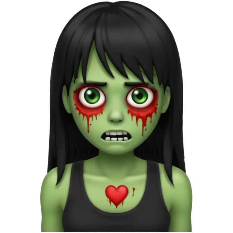 Zombie emoji with long hair black and bangs, with green skin, big red eyes, small nose, and a simple black tank top.  emoji