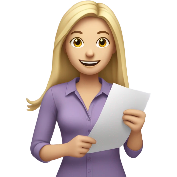 White woman with long blonde hair, wearing a lavender shirt, holding a completed to do list, celebrating  emoji