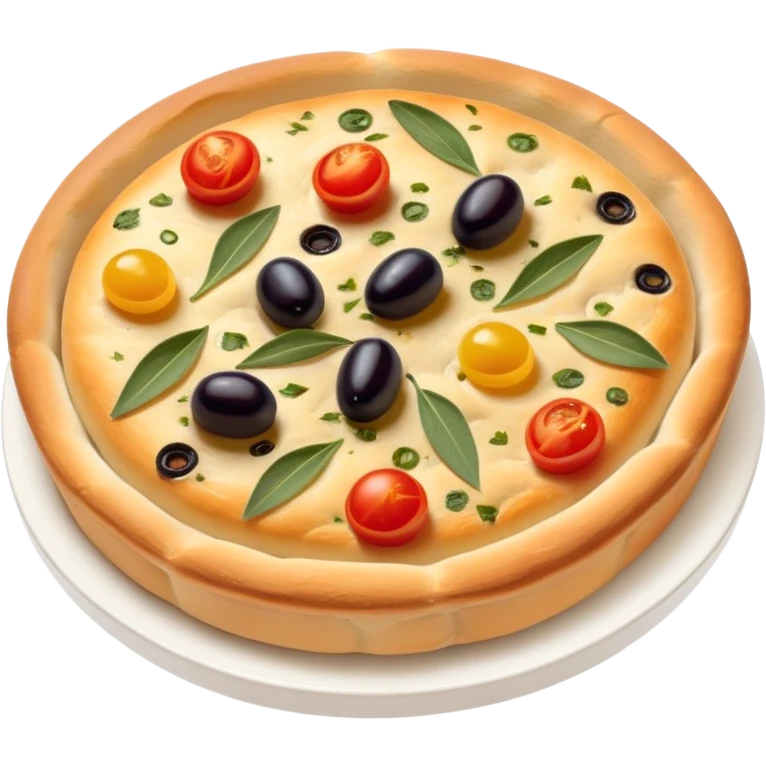 cinematic-realistic-isometric focaccia-bread-dish-emoji,-depicted-as-a-golden,-olive-oil-brushed-flatbread-sprinkled-with-herbs-rendered-with-lifelike-texture-and-soft,-appetizing-lighting showing olives on top and the cherry tomatoes emoji