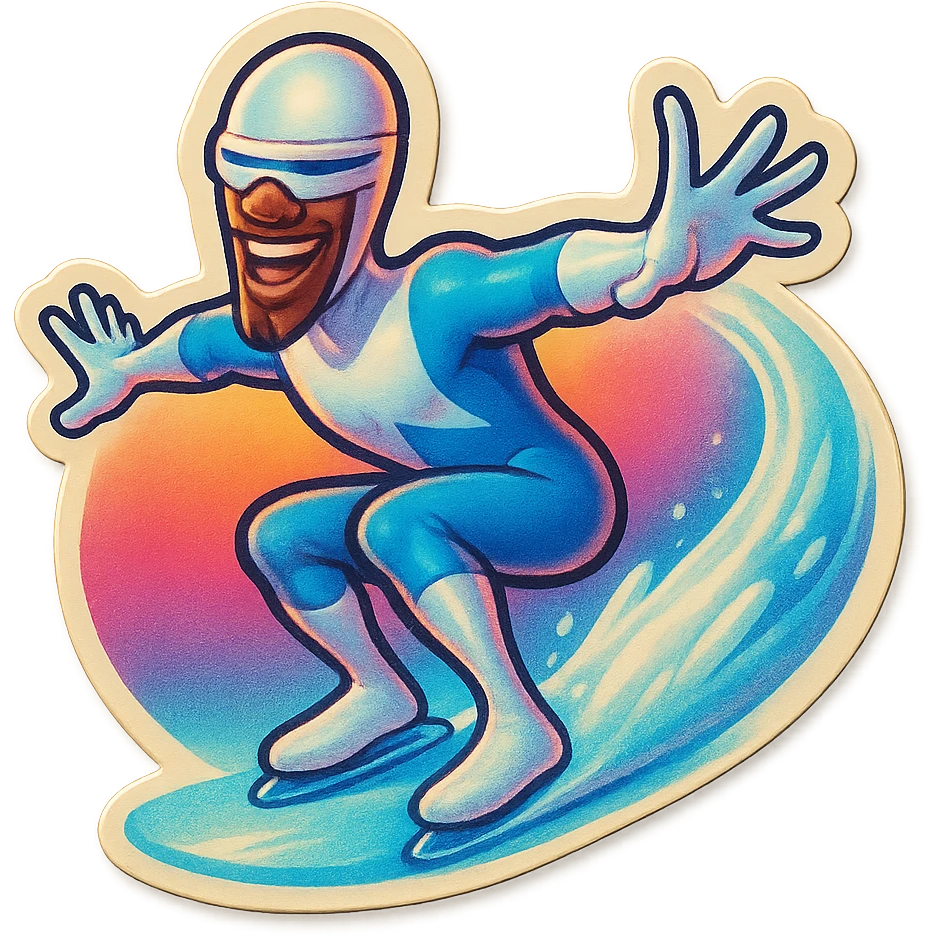 Frozone retro sticker, sliding on ice, playful expression, vintage sticker look emoji