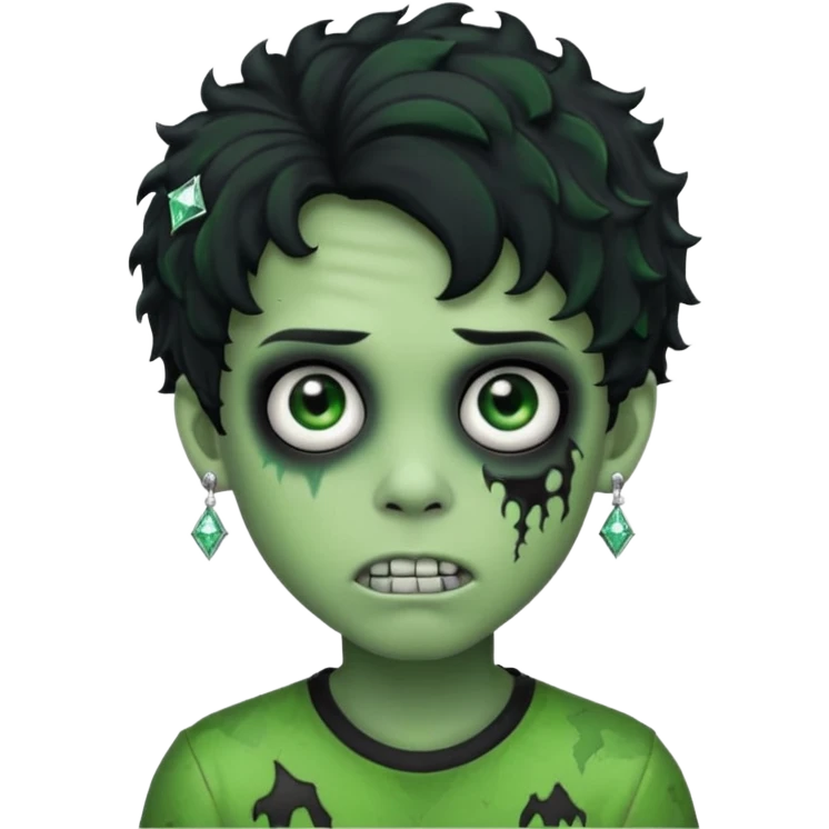 boy zombie with curly black hair emo green skin and diamond stud earrings emoji