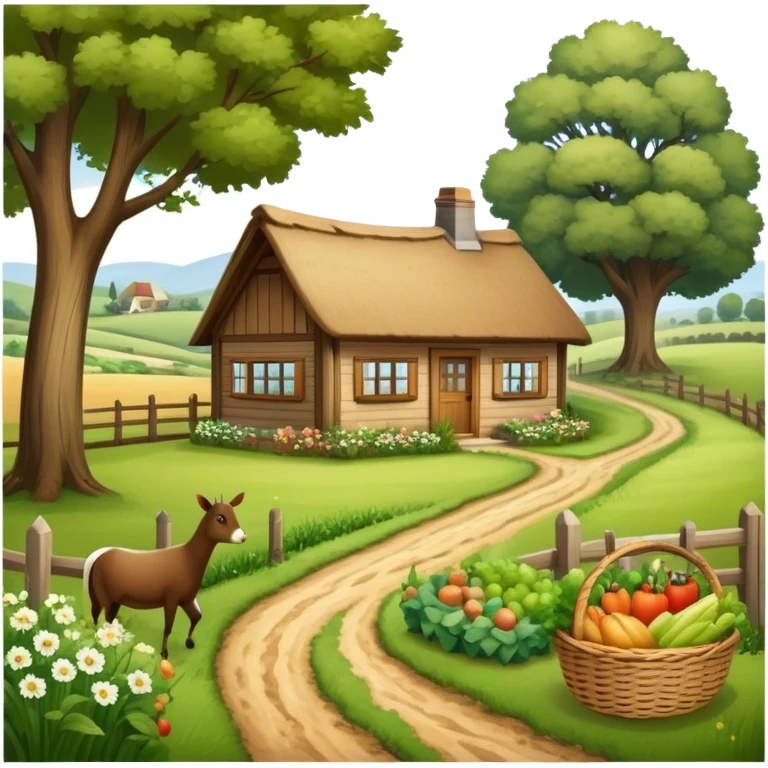 Icon for Rural Tourism: a peaceful countryside scene with a wooden cottage, a dirt path, grazing animals, and a basket of fresh produce. The icon should represent the tranquility and charm of rural life. Transparent background. emoji