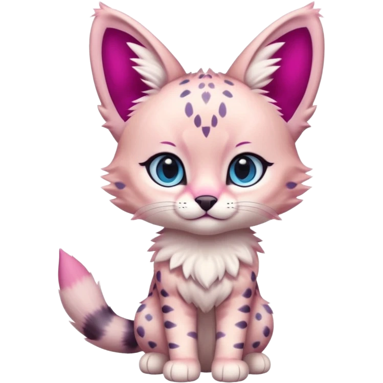 Whitish pastel-rosy-pink chibi cute elegant furry kawaii Serval, with magenta markings, and with big blue eyes,  emoji