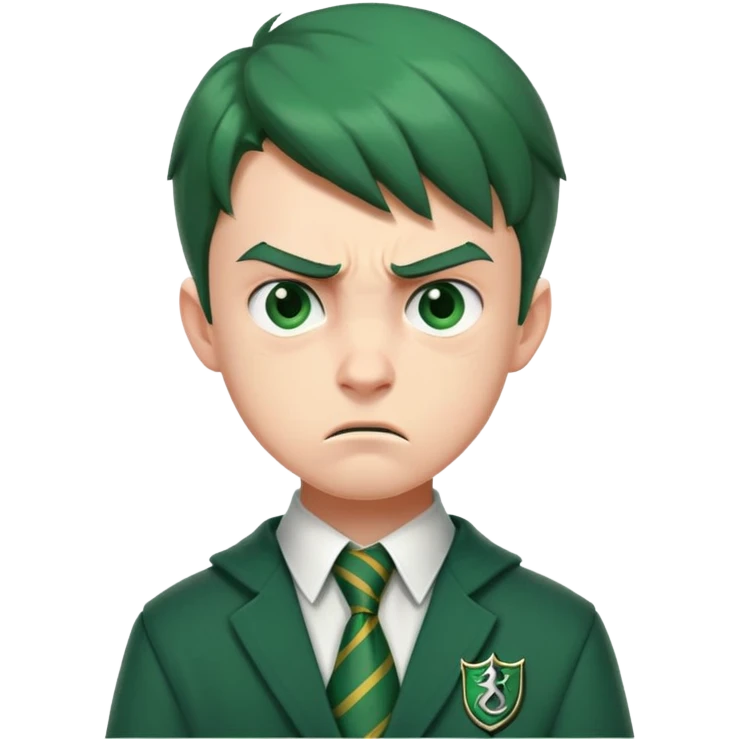 Upset angry teenage boy with scowling face wearing green Slytherin Hogwarts uniform and tie emoji