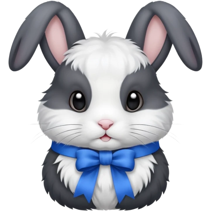 a white and black realistic domestic rabbit with a blue ribbon on its neck emoji