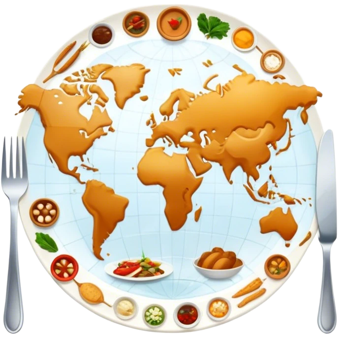 Icon for Culinary Tourism: a world map with food elements like a fork, knife and dish, surrounded by iconic dishes from various countries. The icon should represent the exploration of global cuisines and travel experiences. Transparent background. emoji