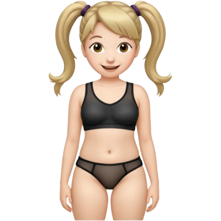 Her hair is in pigtails and her black mesh panties are see through and show thick pubic hair.  Her hips are wide and cocked emoji