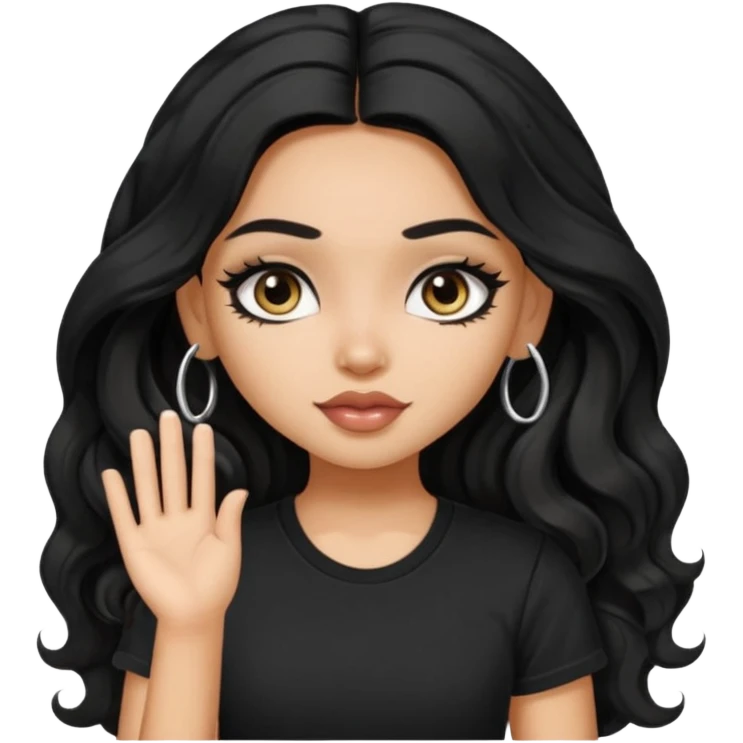 a pretty FAIR indian bratz girl with wavy long black hair, wearing a black tshirt, eyeliner on emoji