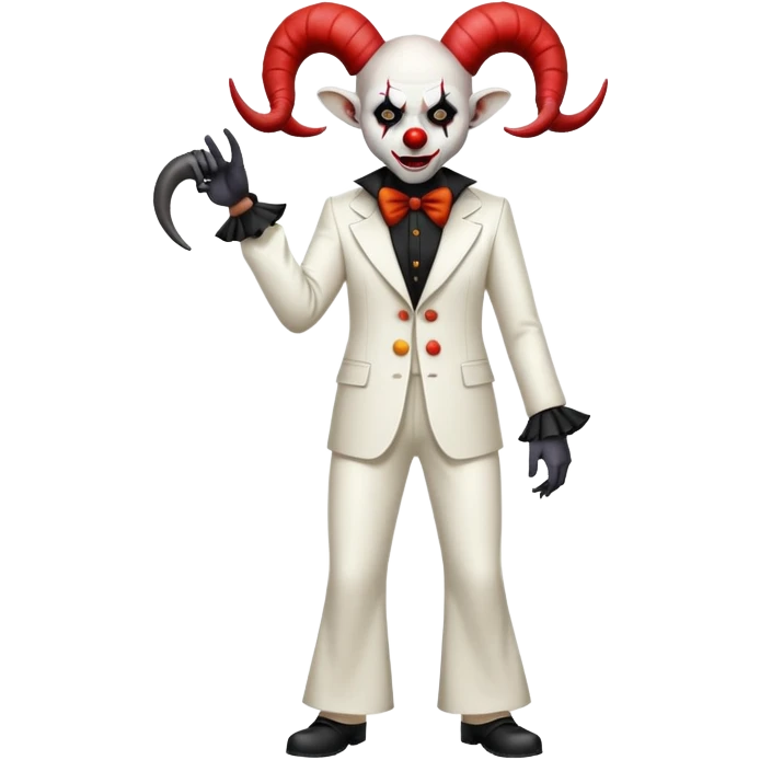 full-body demonic clown in a white leisure suit with bellbottom pants, bald, with black ram horns emoji