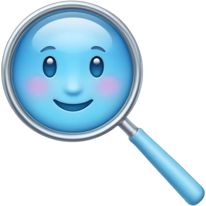 A 3D emoji-style magnifying glass, smooth rounded shapes, soft gradient blue ring, glossy plastic material, subtle highlights and reflections, simple minimal design, pastel blue color, slightly thick proportions, soft lighting, clean white background, modern emoji aesthetic, centered composition emoji