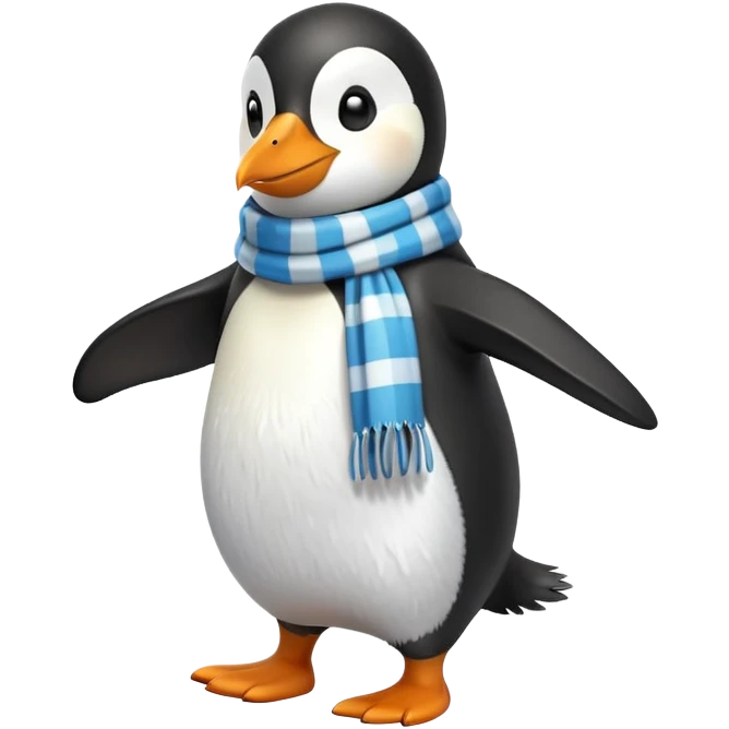 friendly anthropomorphised penguin in a jacket and scarf brisk walking, energetic pose emoji