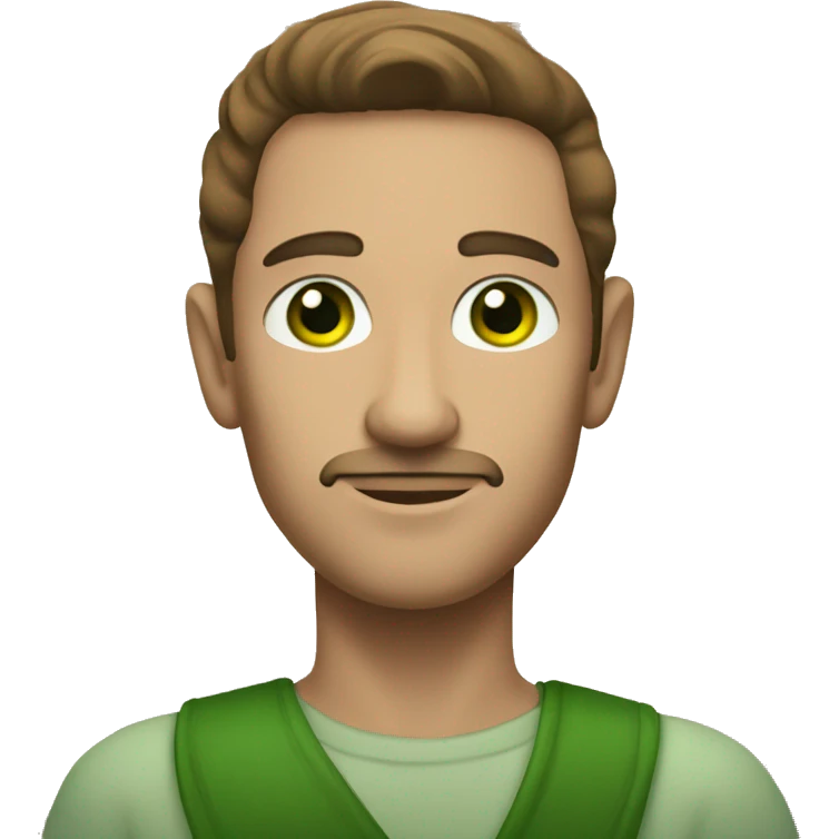 A light-skinned man with green eyes, styled brown hair with a long white paper scroll emoji