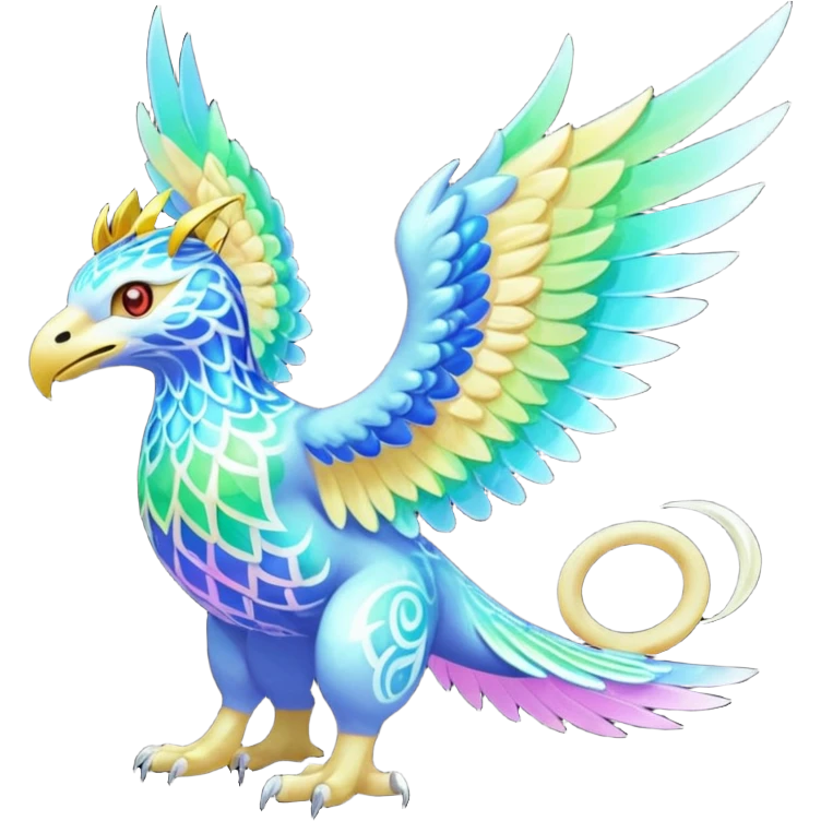 colorful lush ethereal divine winged exotic patterned beautiful elegant pretty realistic Fakémon-Digimon-Fionbri-Trico-creature (full body) emoji