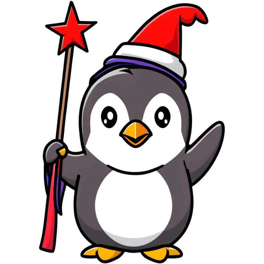 Penguin wizard with Russian beard, star-covered hat, and red magical staff emoji