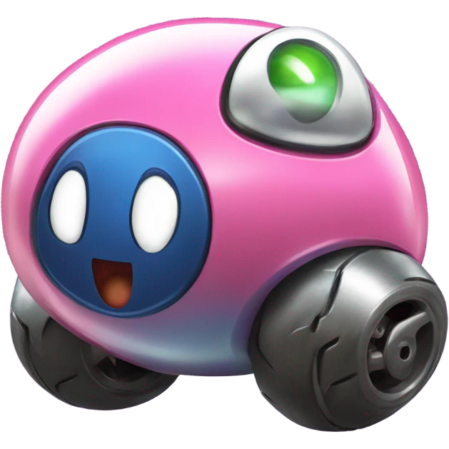 Metal cute Kirby ball driving on 4 car wheels emoji