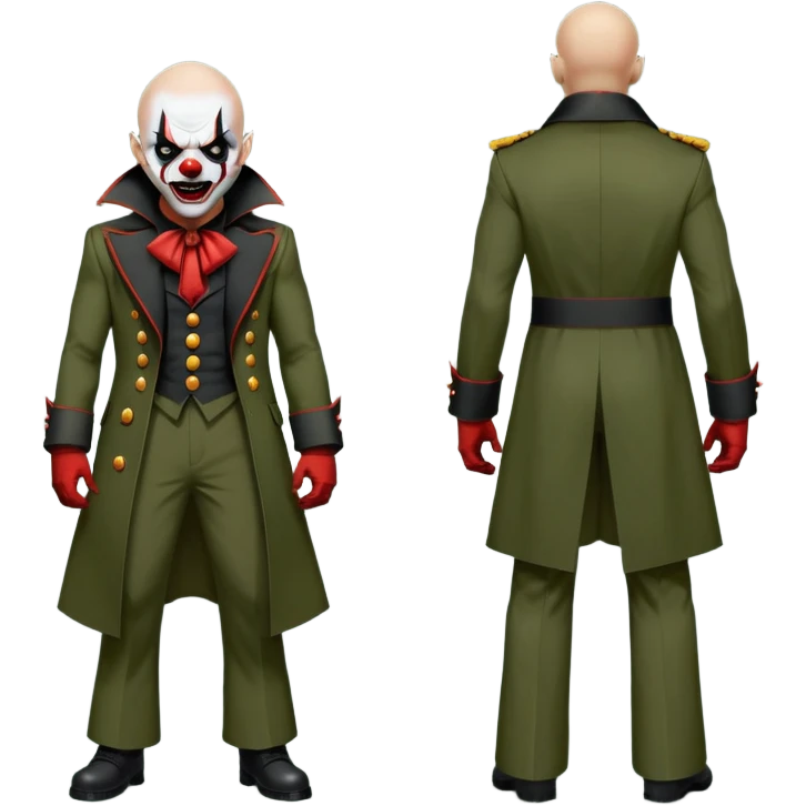 evil clown, bald, small black satan horns on forehead, fangs, pointed ears, eye patch over one eye, long coat over black and military green leisure suit with bellbottom pants, realistically proportioned, less bulky, full body, battle-ready fighting posture emoji