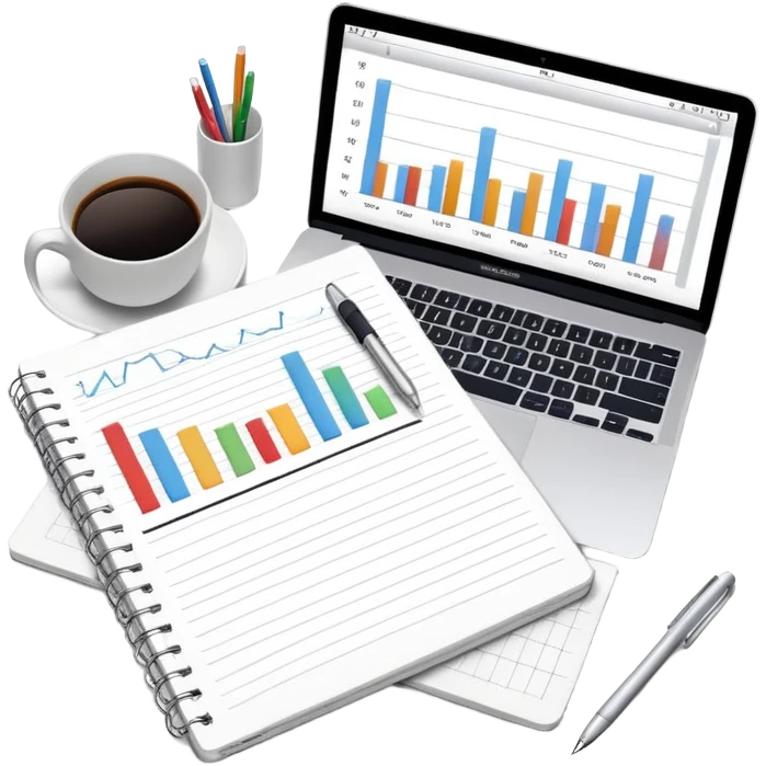 top view of a MacBook and a notebook with a pen nearby, notebook pages filled with handwritten bar charts emoji