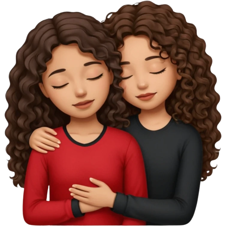Mexican girl with her eyes closed with long wavy hair, brown skin wearing a black and red shirt facing towards a girl with 10 skin with medium length, curly wavy brunette hair and she’s shorter than the other girl also with her eyes closed basing towards the Mexican girl, hugging ￼ emoji