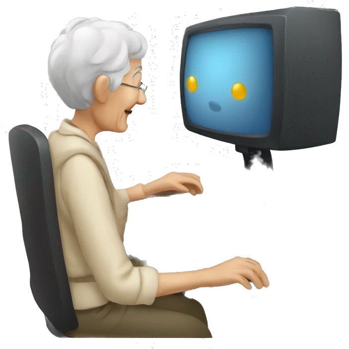 an elderly person interacting with a computer emoji