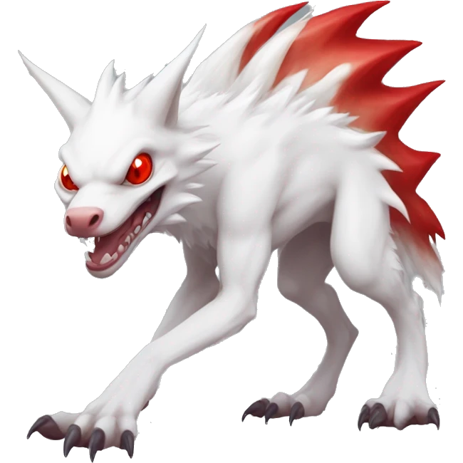 White edgy cute epic albino sergal-vernid-Fakémon with red mane and red eyes, full body emoji