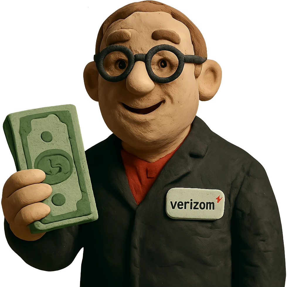 claymation style Verizon sales man holding money emoji