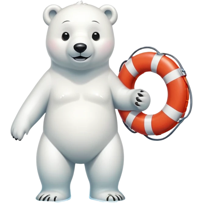 full body friendly anthropomorphised polar bear smiling wearing colorful swim suit and scuba goggles holding red and white life buoy standing in small puddle emoji