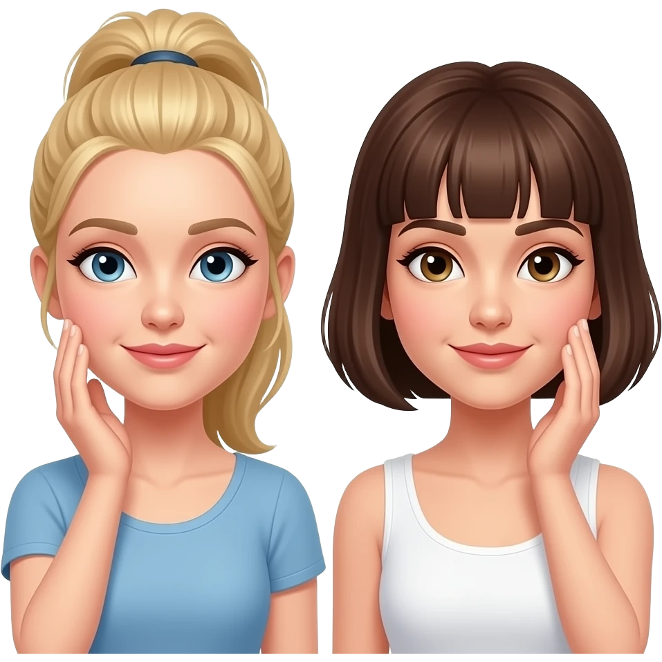 Fronte che si tocca  tra donne  una bionda con la coda e una castana con il caschetto e la frangetta emoji