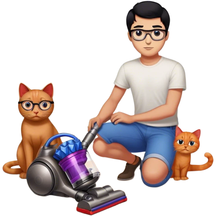 Dyson used by a man with black hair, blue eyes with glasses and 2 red cats on the floor emoji