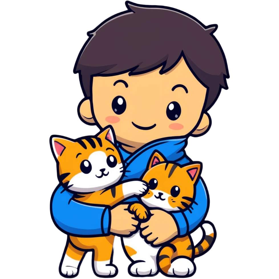 A smiling boy hugging a friendly tabby cat emoji