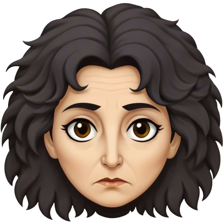 Mirri Maz Duur is a weathered, age 50 woman with deep-set dark eyes, high cheekbones, and a sharp nose, giving her a stern, knowing expression. Her long, unkempt dark frizzy hair  falls loosely over her shoulders emoji