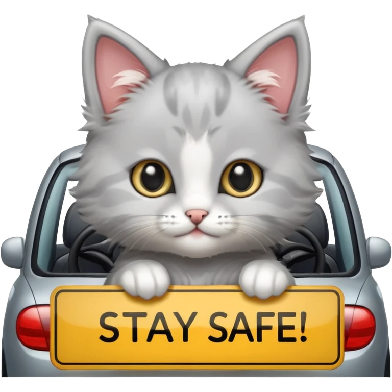 Cute kitten with a sign that says, Stay safe driving! emoji