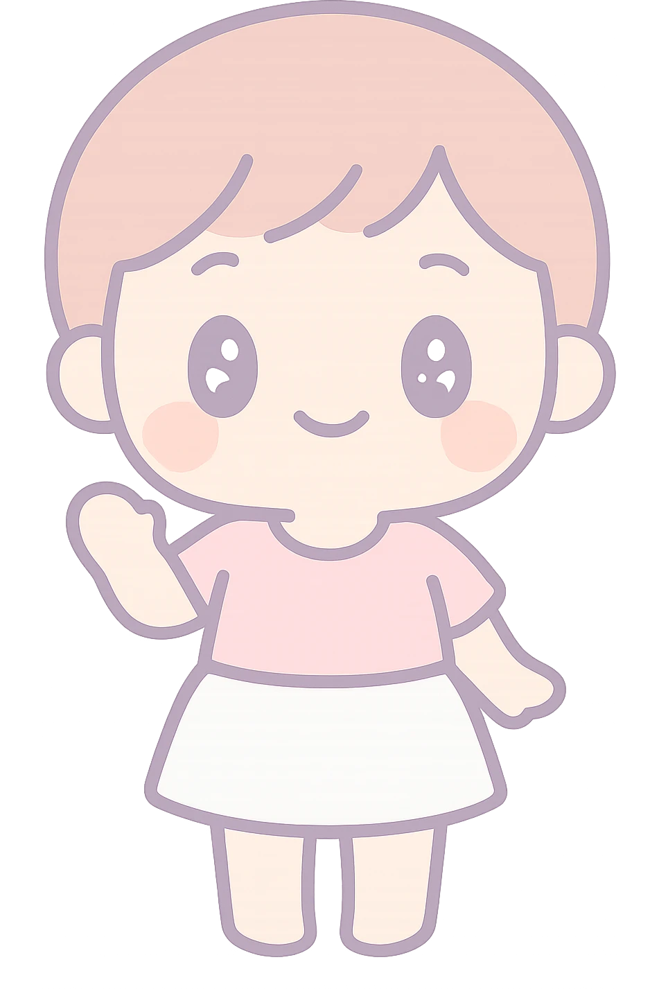 persona con pelo corto, falda blanca y top rosa, estilo kawaii emoji