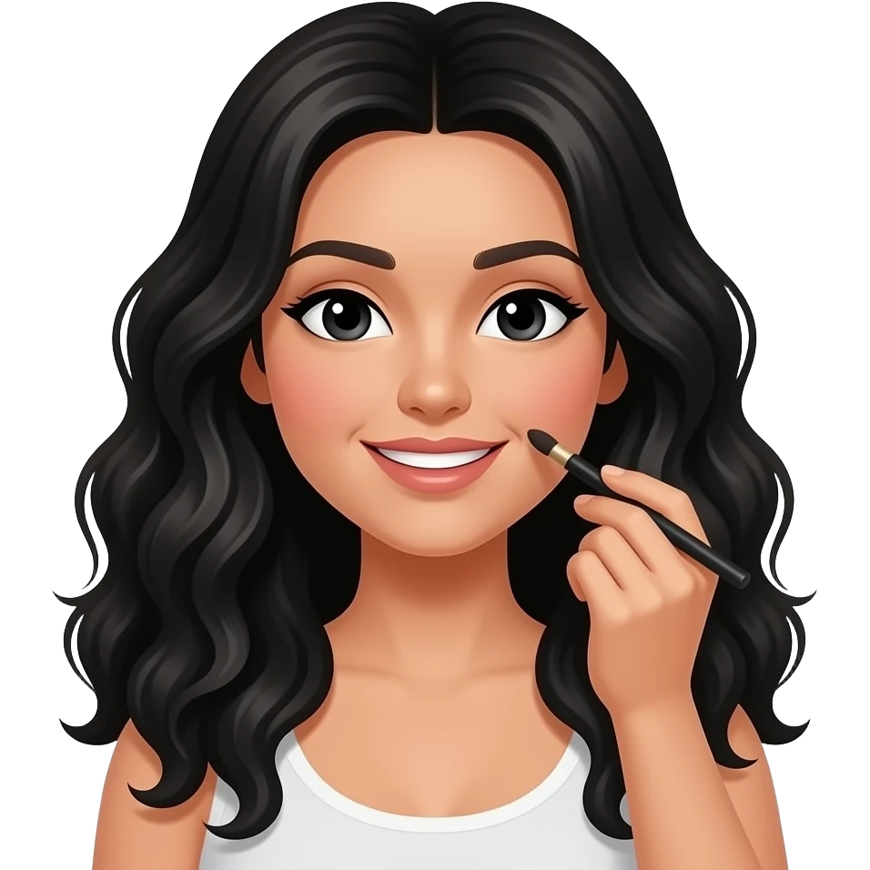Mujer de cabello negro largo rizado y de piel color blanca y ojos negros maquillandose que se vea como emoji emoji