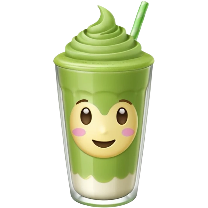 Emoji glossy 3D de un vaso de matcha latte, vaso de vidrio transparente con matcha espumoso verde pastel, capas suaves de leche y matcha, brillo intenso tipo sticker, sombras delicadas, fondo transparente, estilo cute moderno, alta calidad emoji