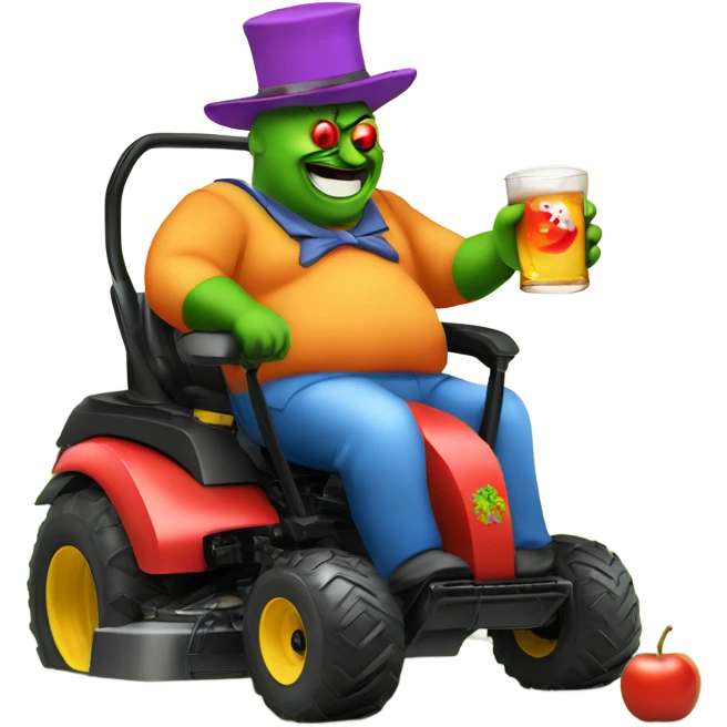 fatman-drinking-cider on ride on lawn mower with a clown hat emoji