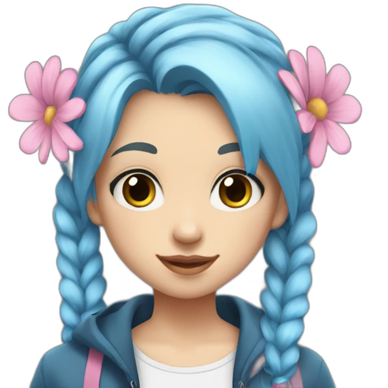 Girl teenager with blue hair and two pigtails. She has blue eyes. She is wearing a white shirt with pink flowers on the shirt , and a blue jacket. emoji